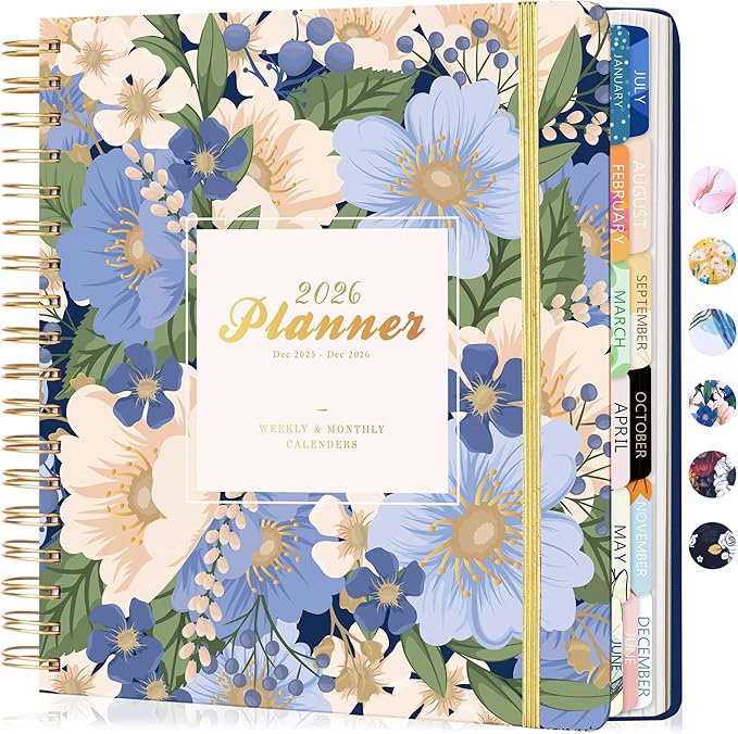 CAGIE 2026 Planner Weekly and Monthly Dec 2025–Dec 2026 Hardcover Planner with Pockets, 13 Month Large Blue Flowers Calendar Planner with Stickers Tabs, Spiral Bound Yearly Calendar Planner for Women, 8.3" x 9.3"