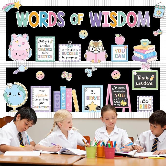 Mooliwe 57 Pcs Composition Bulletin Board Set Notebook Inspirational Classroom Decoration Clock Pencil Cutout for School Office Chalkboard Door Wall Decor