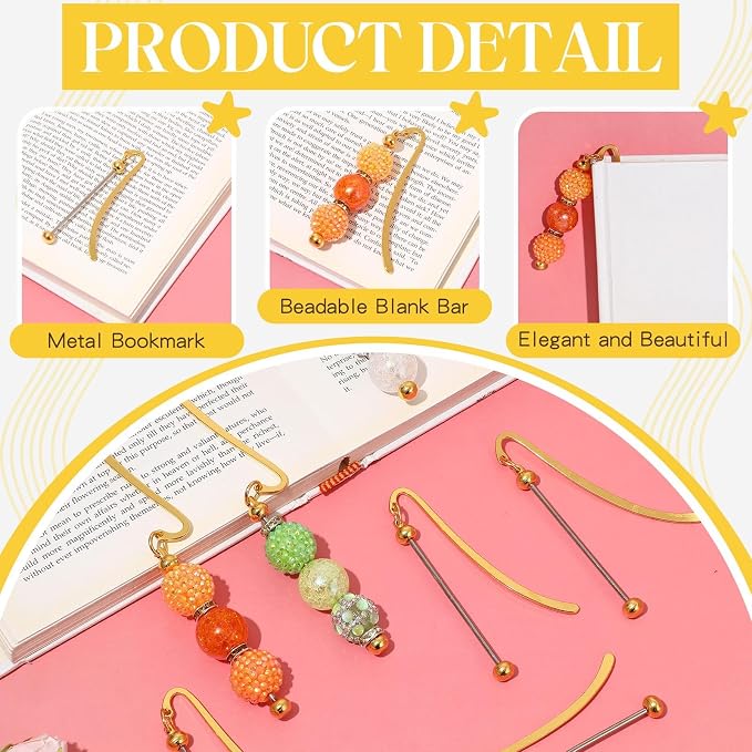 Dunzoom 8 Pcs Beadable Bookmarks DIY Metal Blank Bar Bookmark for Beads Modern Beaded Craft Jewelry Pendant Charm Gift for Book Lovers Student Teacher Office Supplies (Gold)