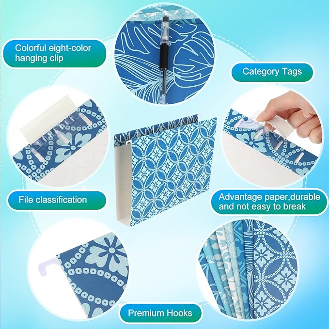 Estune 32 Pcs Blue Decorative Hanging File Folders Letter Size Cabinet File Folders Organizers with 1/5 Cut Adjustable Tabs for Office Desk School Filing Cabinet Home