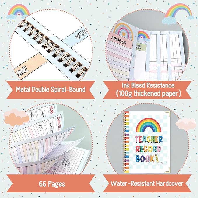 Teacher Record Book Spiral Bound Teacher Grade Book with Metal Corner Protector, 100gsm Thick Paper, Waterproof Thick Cover, Favors Gift Gradebook for Teachers Double-Sided Color Printing 8.3''x11.4''
