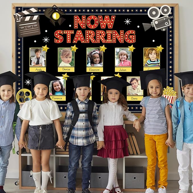 Movie Star Bulletin Board Set Now Starring Bulletin Board for Classroom Decor DIY Photo Crafts Camera Lights Learn Clapperboard Film Tickets Cutouts Accents for School Chalkboard Wall Supplies