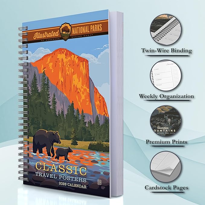 Illustrated National Parks 2026 Weekly & Monthly Planner, 12-Month Engagement Calendar with Vintage Travel Poster Art, Scenic National Park Illustrations, 2026, 6" x 9"