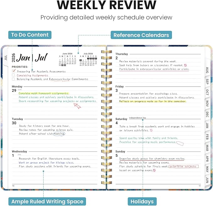 Planner 2026–2027, Academic Planner Weekly and Monthly Calendar Jul 2026 – Jun 2027 Hardcover Planner with Tabs and Pocket, Spiral Bound Agenda Book for Student & Teacher, 6.3" x 8.5", Balloon Valley