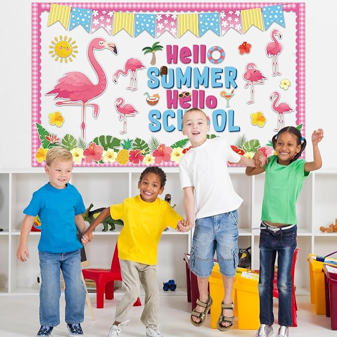 Summer Flamingo Bulletin Board Tropical Hawaiian Classroom Bulletin Board Decorations Pink Flamingo Palm Leaf Cutouts for Hello Summer Hawaiian Back to School Library Window Chalkboard Wall Decor