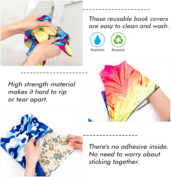feela 8 Pack Jumbo Fabric Book Covers, Stretchable Washable Durable Reusable Nylon Covers for Hardcover Textbooks Notebooks up to 9'x11', 8 Patterns