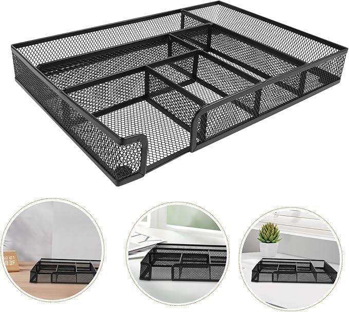 Cabilock 6-Compartment Metal Mesh Desk Organizer Tray Multifunctional Storage Box for Office Supplies Craft Storage Black