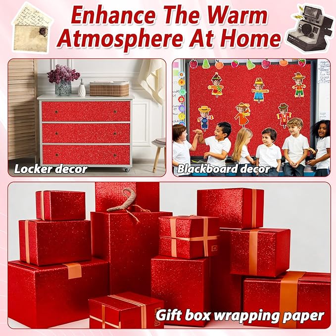 Qyeahkj 17in x 20ft Glitter Bulletin Board Paper Roll Bulletin Board Background Paper Fade Resistant Classroom Decoration Poster Art Craft Home Wall Education Decor Supplies Red