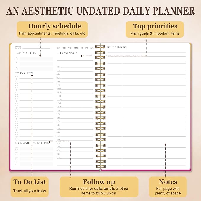 Undated Daily Planner Notebook, 80-Day To Do List Organizer with Hourly Schedule, Day on a Page Agenda Journal for Work, Life Tasks, Women and Men