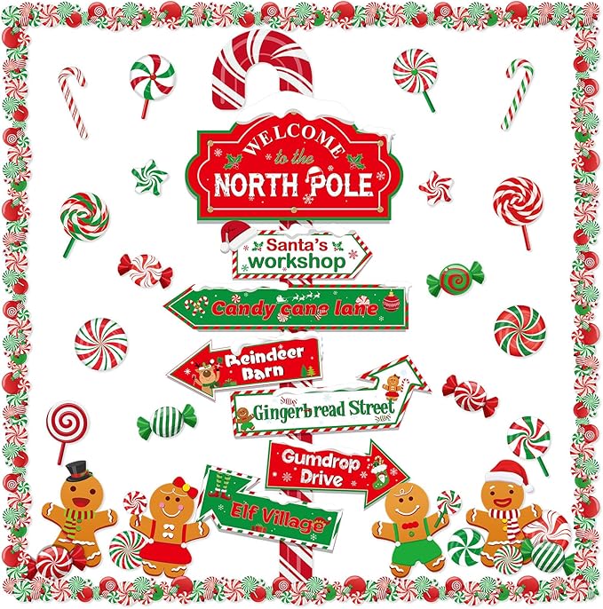 Christmas Bulletin Board Set Christmas North Pole Sign Classroom Decorations Xmas Gingerbread Candy Cane Paper Cutouts Decor for School Door Wall Winter Holiday Party Supplies