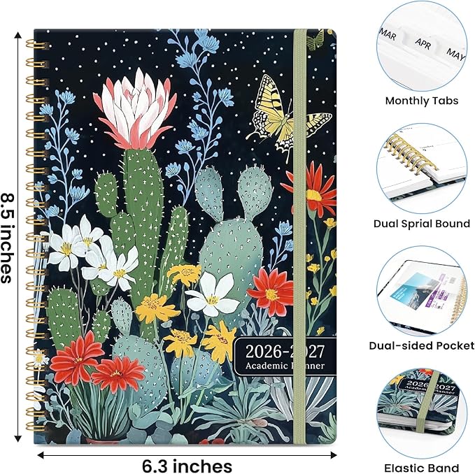 Planner 2026-2027, Monthly and Weekly Calendar Academic Planner July 2026 - June 2027, Hardcover Student Teacher Planning Agenda Book with Tabs, Perfect for Office School Supplies, A5 (6.3" x 8.5") - Desert Bloom