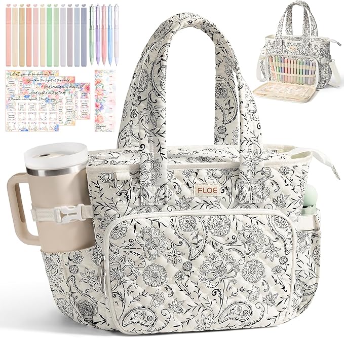 Large Bible Bag for Women Bible Cover Case, Quilted Puffer Bible Tote Bag Church Bag w/Shoulder Strap, Bible Study Supplies Journaling Kit Accessories Tabs, Mothers Day Christian Gifts for Women Mom
