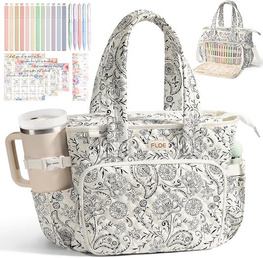 Large Bible Bag for Women Bible Cover Case, Quilted Puffer Bible Tote Bag Church Bag w/Shoulder Strap, Bible Study Supplies Journaling Kit Accessories Pen Tabs, Christmas Christian Gifts for Women Mom