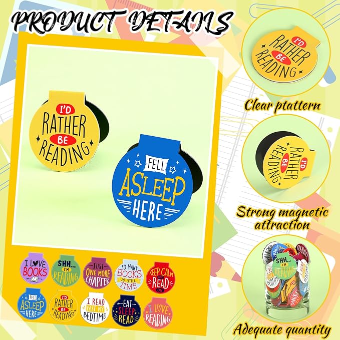 AmazingSpark 50 Pcs Magnetic Reading Bookmarks Bulk Magnet Reading Awards for Book Lover Motivational Book Marker Clips for Students Teacher Office Classroom Incentives