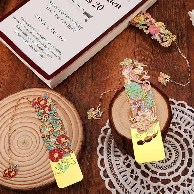3 PCS Metal Bookmarks - Beautiful Flower Bookmarks for Women - Lotus, Hollyhock, Camellia (BKM-050-002)