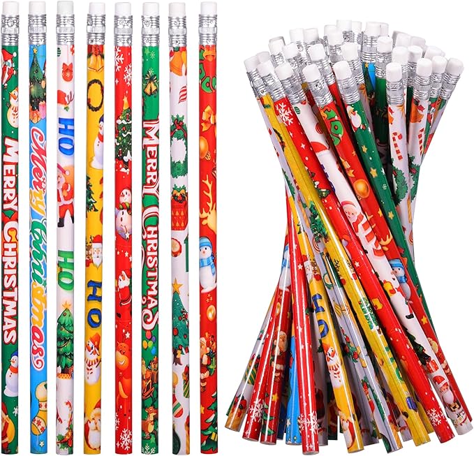 Christmas Pencils Assorted Xmas Wood Pencil with Eraser Snowman Santa Elk Pencils, 8 Styles(48)