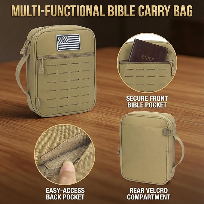 Tactical Bible Cover for Men, Large Bible Case with Shoulder Strap & US Flag Patch, Water Resistant Bible Carrier Bag with Handle, Multi Pockets for Church Study & Travel（Brown）