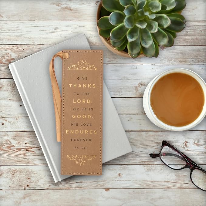 Christian Art Gifts Tan Faux Leather Floral Bookmark for Women: Give Thanks - Psalm 106:1 Inspirational Bible Verse, Heat-Debossed & Golden Accents with Light Sandy Tan Satin Ribbon Reading Accessory