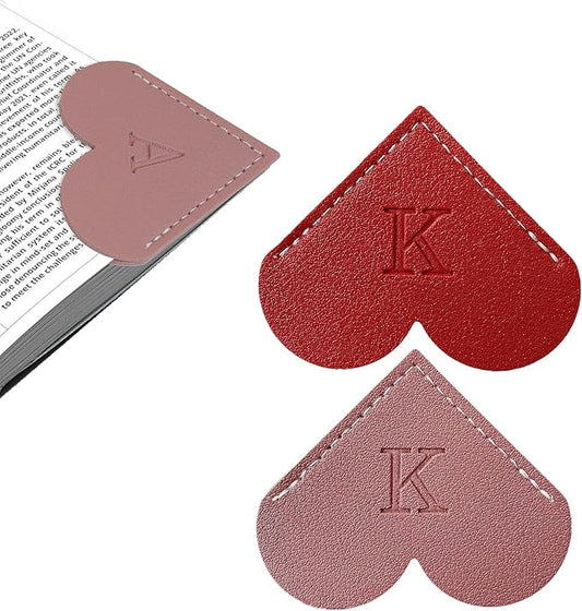 2Pcs Personalized Leather Heart Bookmark with Initial, 26 Letters Custom Corner Page Book Mark for Reading Women, Book Lovers, Teachers, Students, Cute Book Accessories Gifts(Red+Dark Pink, K)