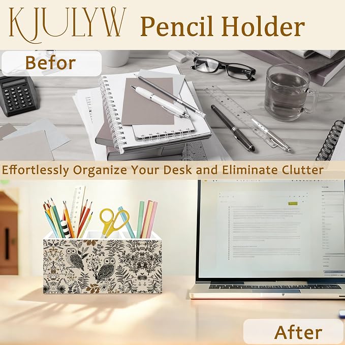 Owl Pen Holder for Desk, Owl Lover Gifts, Neutral Botanical Wildlife Bird Wooden Box Pencil Pen Holder Organizer for Home Office Desk Accessories