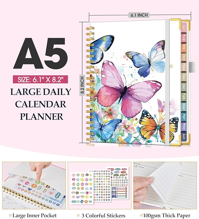 Academic Planner 2026-2027, Hardcover Leather Weekly and Monthly Calendar Planner from July 2026 - June 2027, A5 6.1" x 8.2" Daily Agenda with Tabs, College School Organizer for Student Teacher, Butterflies in the Blooms
