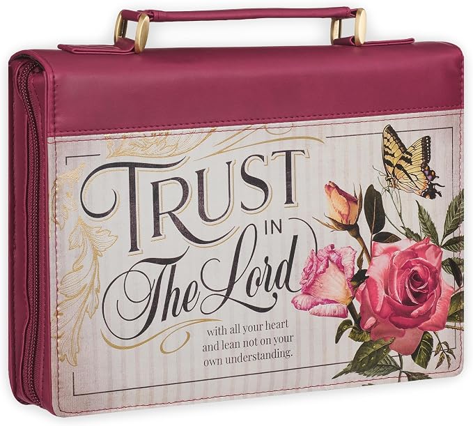 Christian Art Gifts Maroon Red Floral Fashion Bible Cover for Women: Trust in the Lord - Prov. 3:5 Inspirational Scripture Verse, Vintage Vegan Leather Book Carry Case Bag w/Stationery Storage, Large