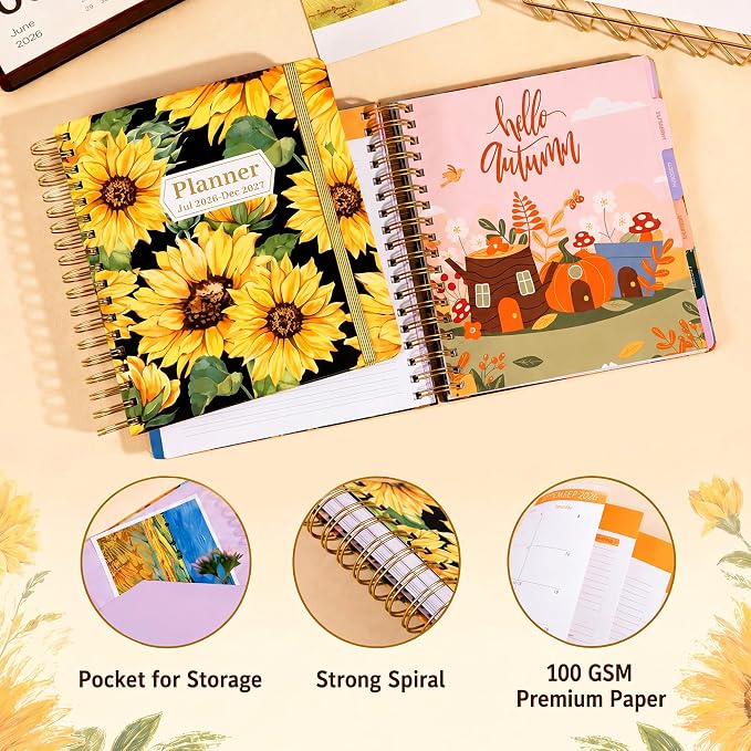 CAGIE Planner 2026-2027 18 Month July 2026-Dec 2027 Weekly and Monthly Calendar Planners Yearly Daily Hardcover 26-27 Planner for Women with Stickers Tabs Spiral Bound Agenda, Sunflower, 8.3"x9.1