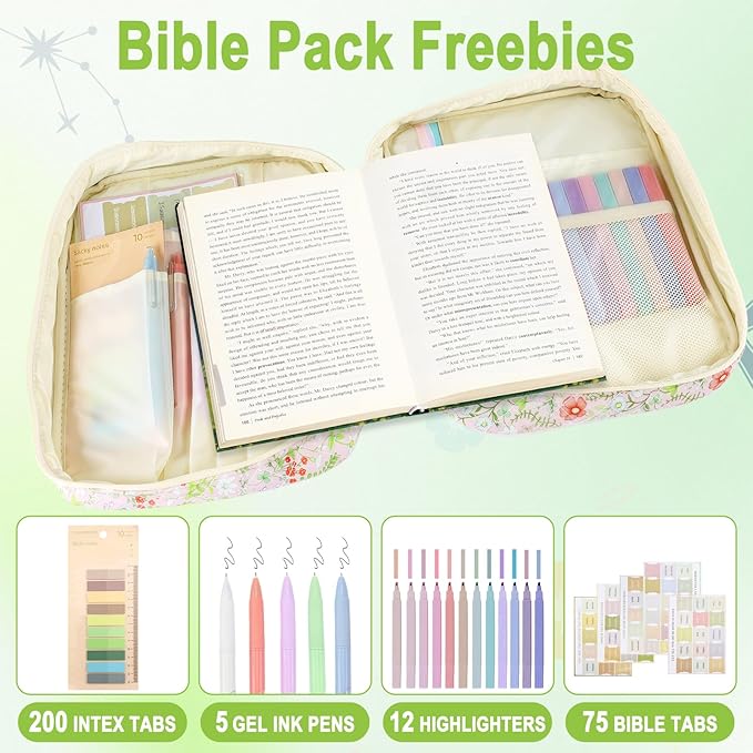 Zkptops Bible Cover Case for Women Large Bible Bag Cotton Quilted Bible Carrying Case with Zipper Pocket and Handle Carrying Book Cover for Christian Study Supplies Christian Gift(Jungle Flowers)