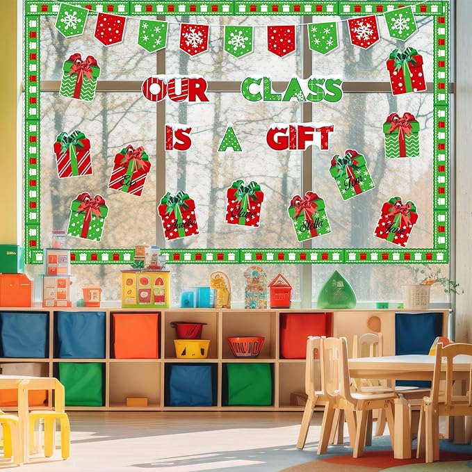 Frienda 108 Pcs Christmas Gift Boxes Bulletin Board Decoration Set Our Class is a Gift Cutouts Christmas Winter Holiday Classroom Decorations for Xmas School Classroom Door Bulletin Board