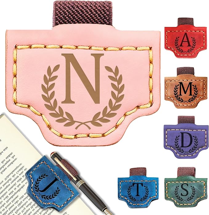Personalized Leather Magnetic Bookmark with Pen Holder, Bookmark 26 Letters Name Initial Bookmarks for Readers, Book Lover Gifts for Women Men Notebook Accessories (Pink, N)
