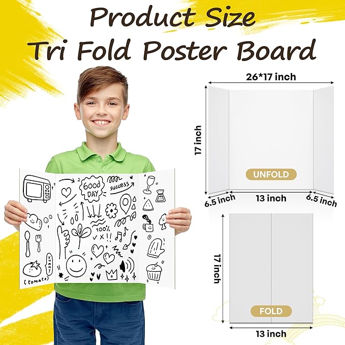 12 Pcs Medium Trifold Poster Board, 26" x 17" Presentation Board, with Double Sided Tapes and Cardboard, White Corrugated Project Boards/Science Fair/trifold Display Board for School Project