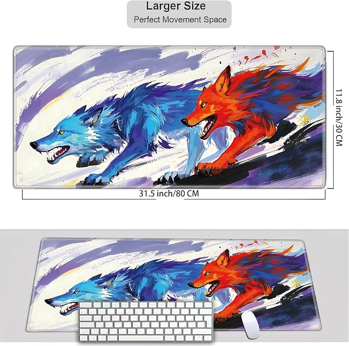 Mouse Pad Gaming Mousepad 31.5x11.8 Inch XXL Large + Coasters,Desk Mat with Stitched Edges, Non-Slip Rubber Base, Thick Mouse Pad for Computer, Laptop, Office & Home - Watercolor Wolf