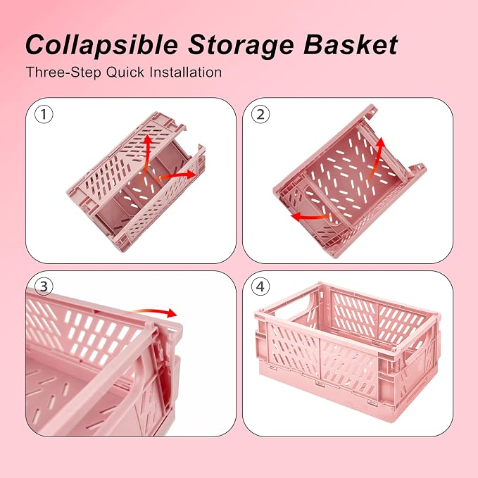 2 Pack Mini Foldable Small Plastic Baskets for Organizing and Storage，Collapsible Storage Crates,Mini Bins for Home Kitchen Bedroom Bathroom Office (Pink, Large 10x6.5x4)