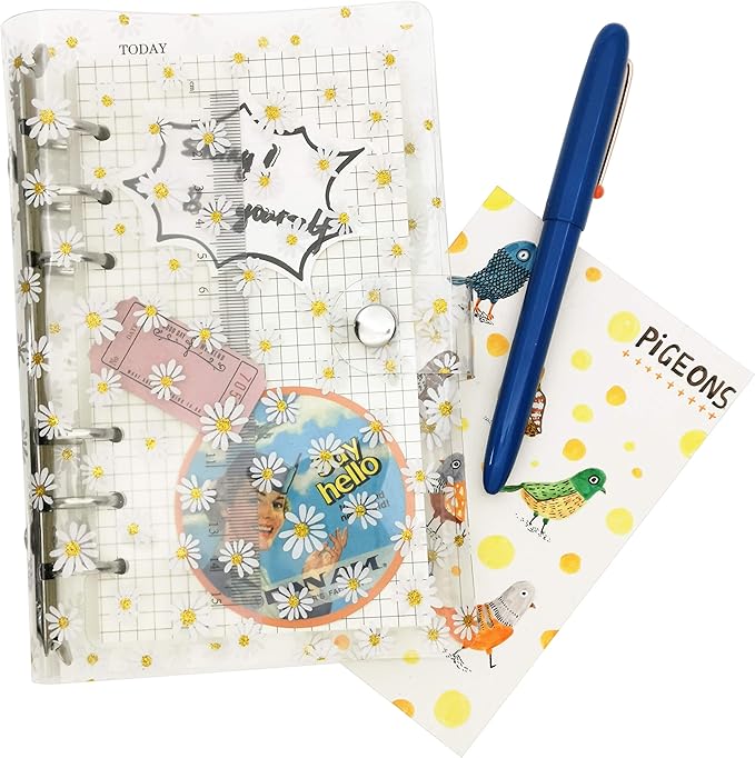 A6 A5 6-Holes Colorful PVC Cover Personal Organizer with Snap Button Closure File Folder for Loose Leaf Sheet Notebook (Daisy, A6 Combo)
