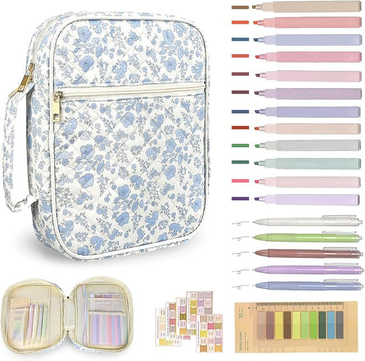 Bible Cover Case for Women,Bible Study Supplies Accessories,Bible Journaling Kit,Pink Flower Carrying Case with Highlighters