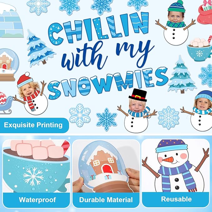 Winter Bulletin Board Decoration Set Christmas Snowman Classroom Decoration Chillin with My Snowmies DIY Photo Bulletin Board Tree Snowflake Cutouts for Holiday Party School Home Chalkboard Wall Decor