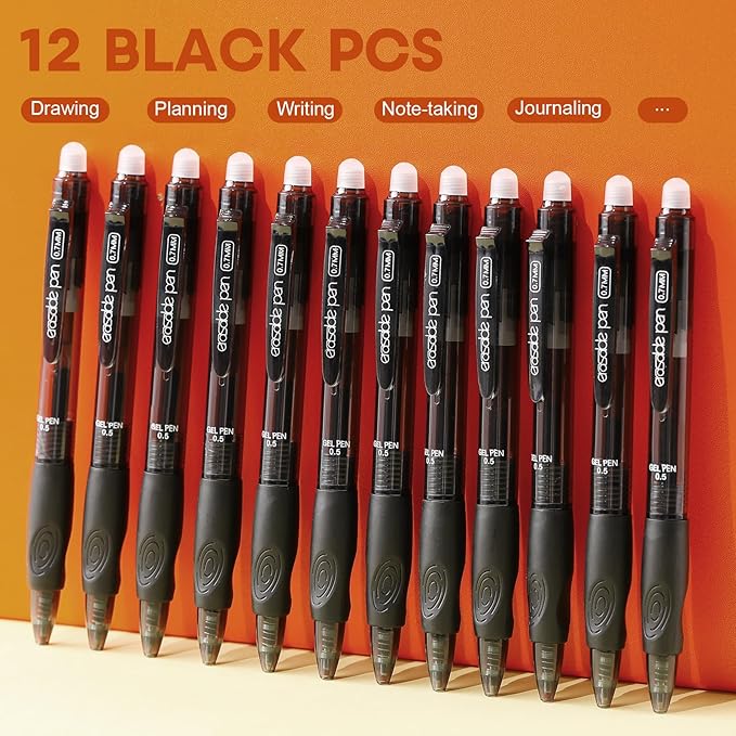 RIANCY 12 Pack Clicker Erasable Gel Pens, Fine Point (0.5mm), Black Ink with Eraser, Make Mistakes Disappear, Soft Grip for Students, Writing, Note Taking, School & Office Supplies