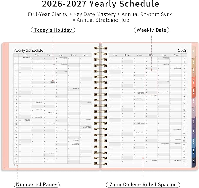 RETTACY 2026-2027 Monthly Planner, Jan 2026 - Dec 2027, Large Size (8.5" x 11"), Agenda, Calendar, 24 Month Tabs, Flexible Plastic Cover, 100 GSM Thick Paper, Spiral-bound (Pink)