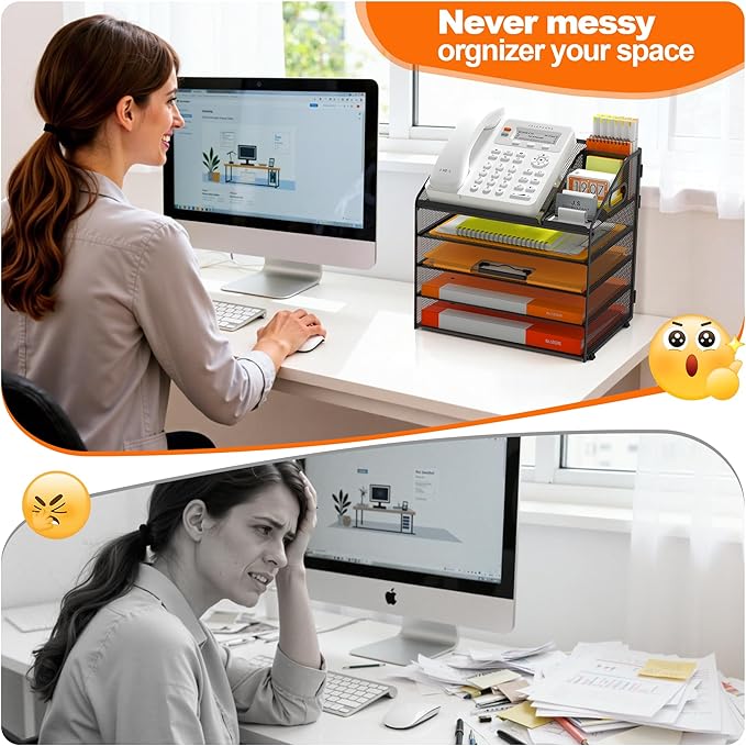 DocNest 5 Tier Metal Mesh Letter Tray - Space Saving Desk File Organizer with Handle, Pen Holder & Folder Holder - Desktop Document Sorter for Office, Home, School, Classroom - Black