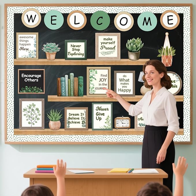 Welcome Back to School Bulletin Board Decorations, Eucalyptus Classroom Decor, Greenery Inspirational Affirmation Cutouts for Teacher Welcome Classroom School Supplies Door Wall Decor