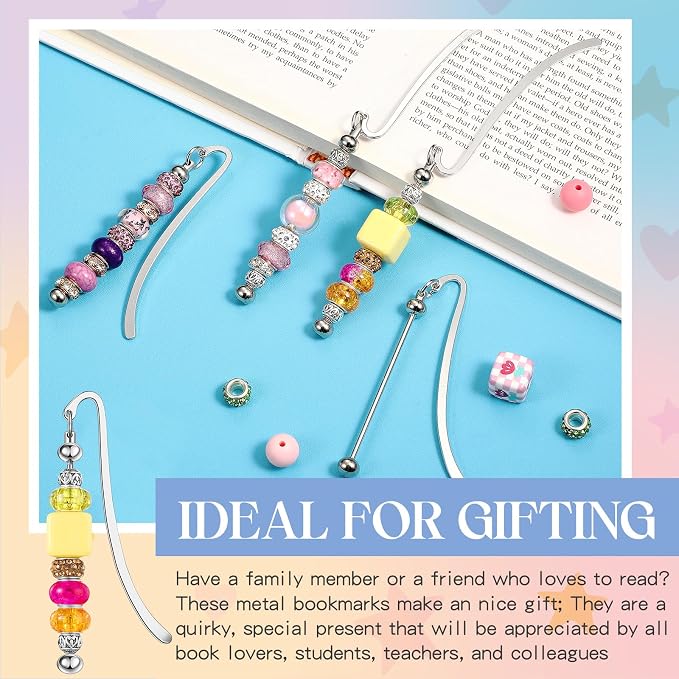 Dunzoom 4 Pcs Beadable Bookmarks DIY Metal Blank Bar Modern Bookmark Craft Jewelry Pendant Charm Gift for Book Lovers Student Teacher Office Supplies(Classic)