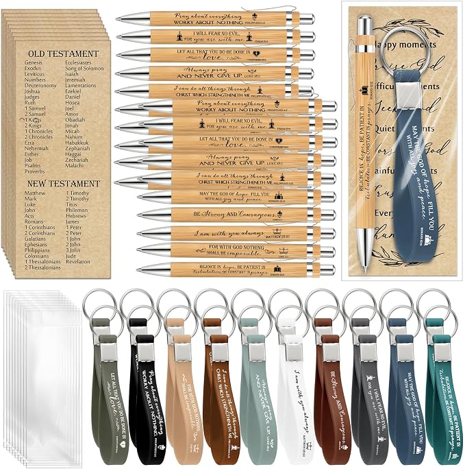 Gueevin 20 Sets Christian Party Favors Gift Bulk Church Father's Day Sunday School Teacher Graduation Bible Verse Bamboo Pen Prayer Religious Bookmarks Scripture Silicone Keychain (Inspirational)