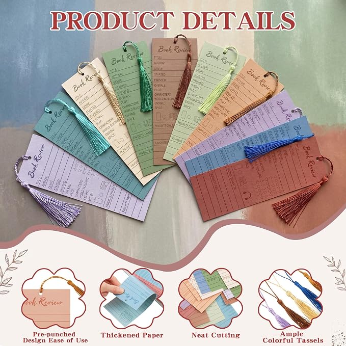50 pcs Colorful Book Review Bookmarks with 50 Bookmark Tassels Book Tracker Reading Log Page for Readers Bookish Bookworm Gift, Reading Page Tracker for Students Teachers Women(Retro)