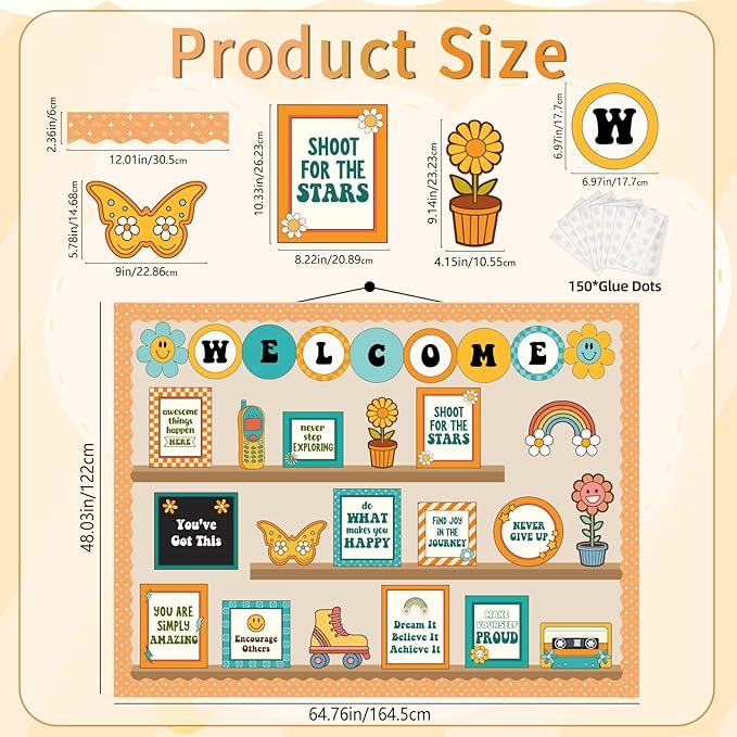 Welcome Back to School Bulletin Board Decorations, Hippie Retro Classroom Decorations Motivational Bookshelf Cutouts Groovy Bulletin Board Set for Classroom School Office Door Wall Decor