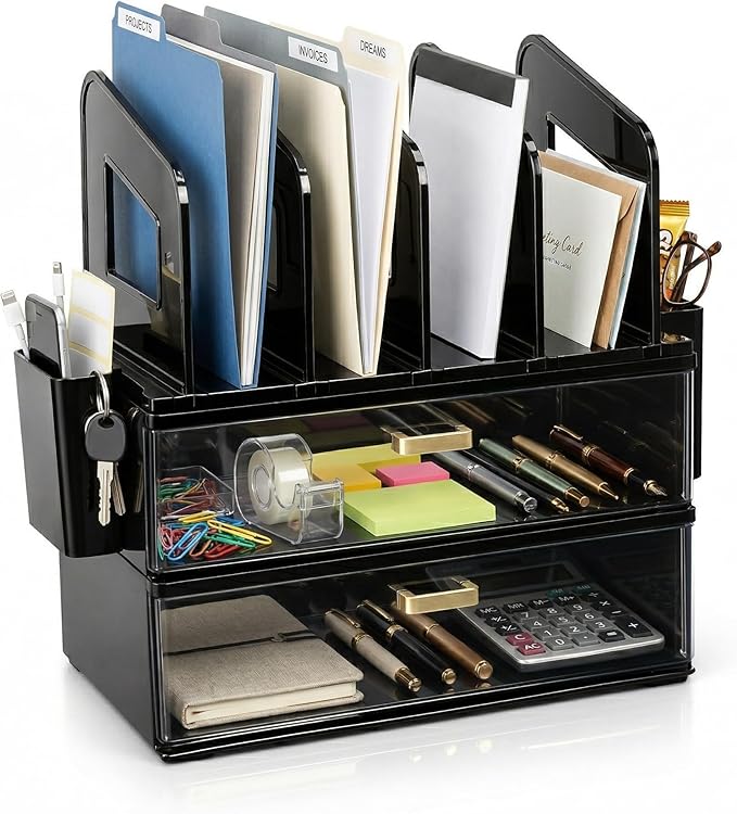 CiWiVOKi Desk Organizer with 4 File Holder Slots, 2 Clear Drawers & Dual Pen Holders, Sturdy Multi-Functional Desktop Storage for Home Office, Mail Sorter & Caddy, Black