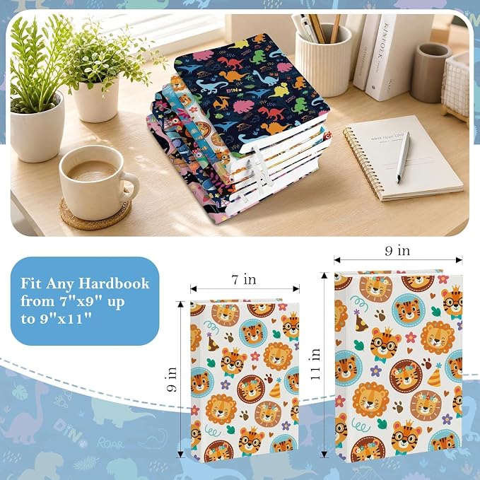 6 Pack Stretchable Book Covers, Jumbo Book Covers for Paperbacks Hardcover Books up to 9 x 11 Inches, Reusable Washable Protective Fabric Books Sleeves, Animals