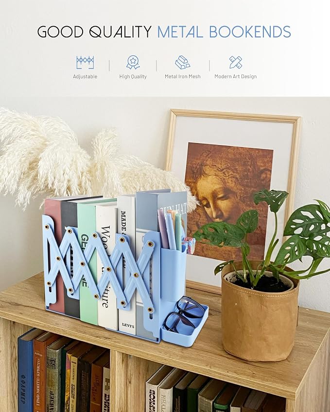 Heavy Duty Bookends Adjustable Book End, Desk Book Holder for Shelves, Book Organizer for Desk, Suitable for Office Home School (19.69 inches Max) (Light Blue)