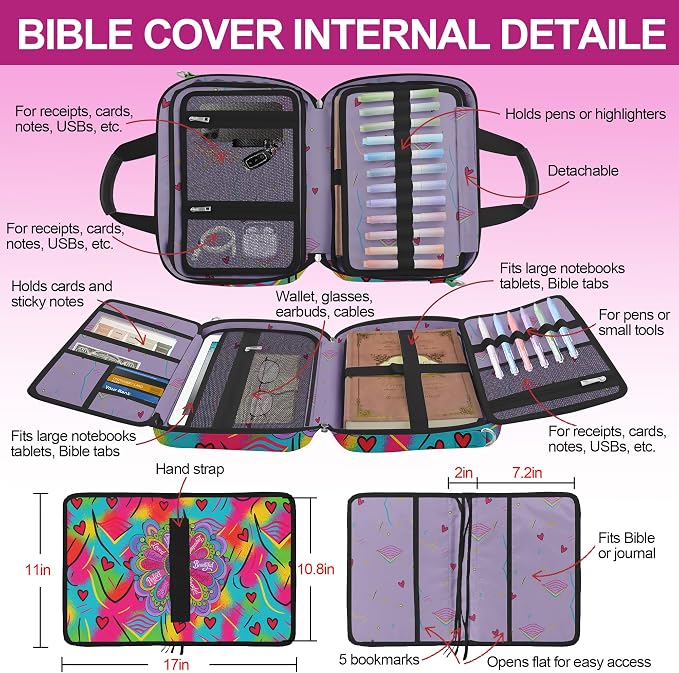 Large Bible Cover for Women,Bible Carrying Case,Bible Bag for Girl Kid,Bible Holder Organizer,With God Says You Are,Bible Study Supplie Kit With Highlighters,Tabs,Pens,Christian Gifts - Tie Dye Hearts