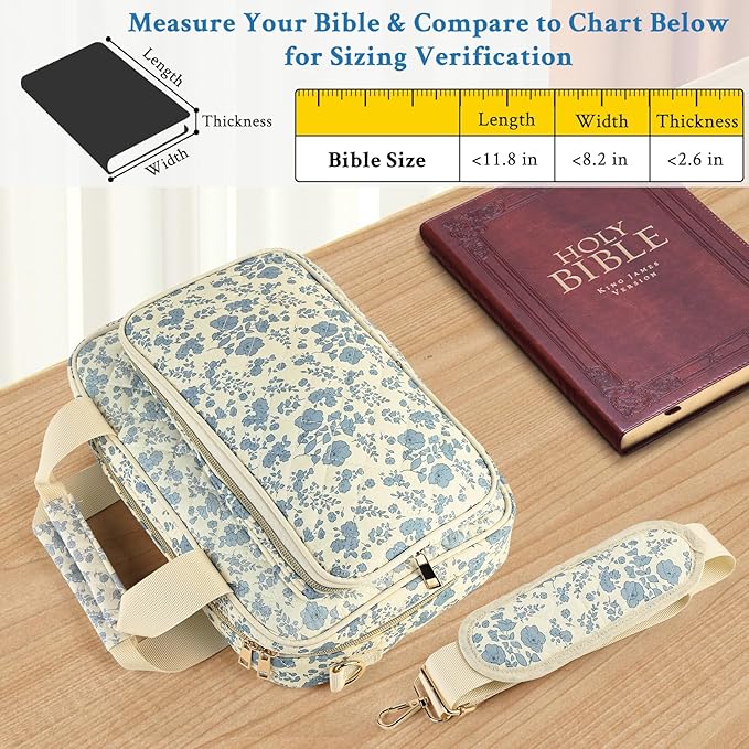 Bible Cover Case for Women, Large Quilted Bible Bag with Bible Study Supplies 5*Sticker & 5*Highlighter & 5*Pen, Stylish Church Bag Journaling Kit, Mothers Day Christian Gifts (Blue Floral)