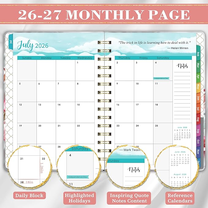 Bushypushy Planner 2026-2027 - Acdemic Planner 2026-2027 with Tabs, Jul. 2026 - Jun. 2027, 26-27 Calendar planner, Weekly and Monthly planner, 6.3" x 8.4", Back Pocket + Thick Paper - Pink Flower